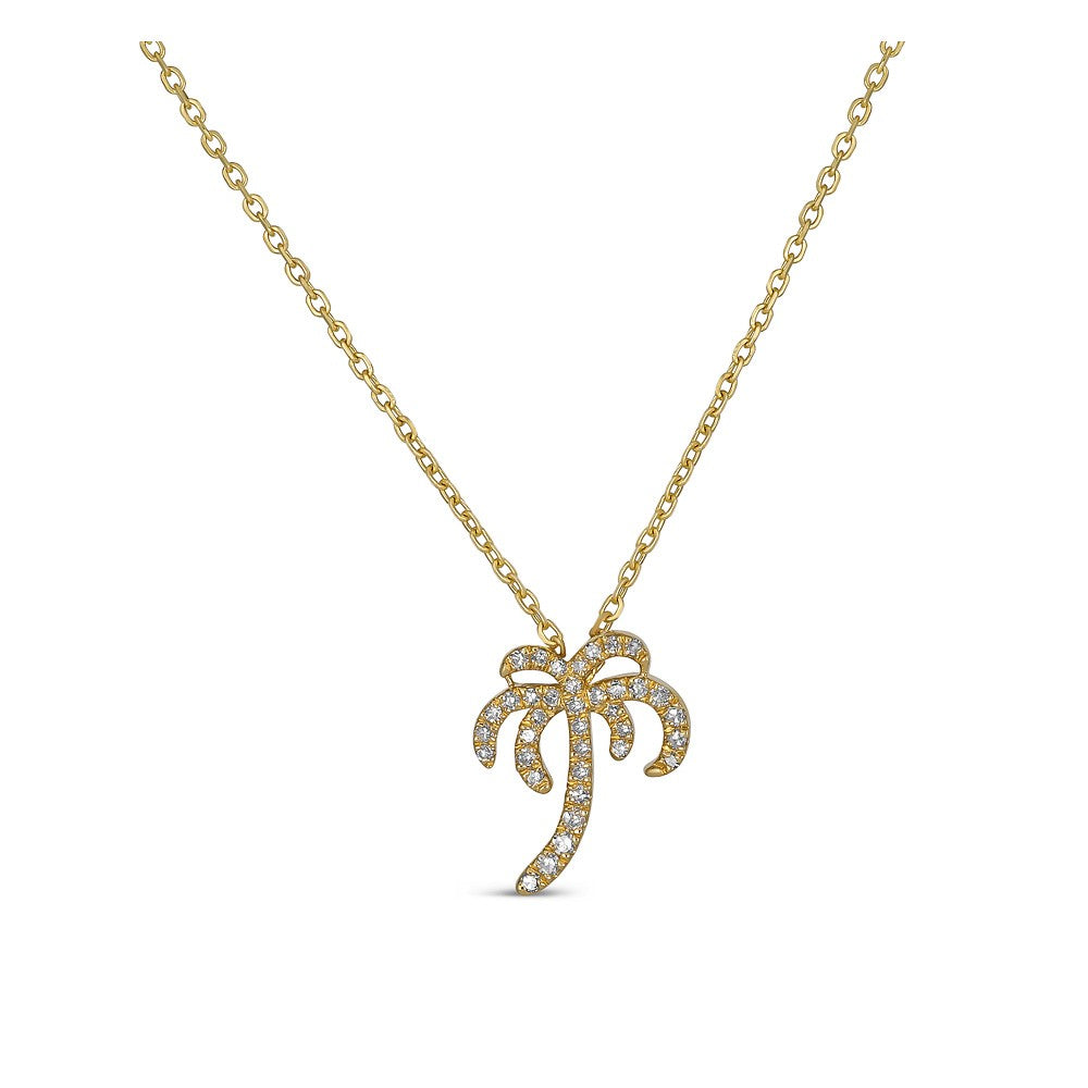 14K Yellow Gold Diamond Petite Palm Tree Necklace