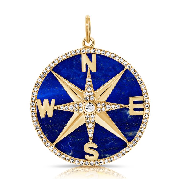 14K Gold Lapis Compass Coin Diamond Necklace Charm