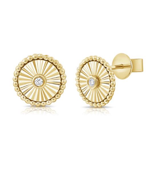 14K White Diamond Fluted Disc Stud Earrings