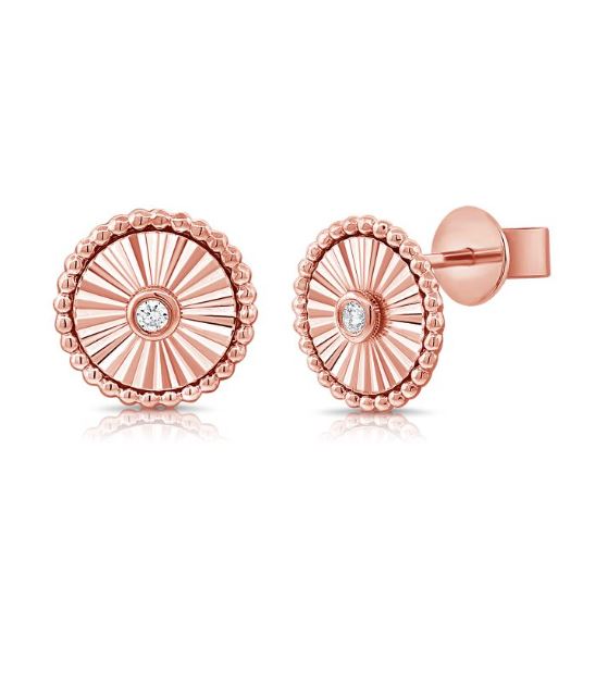 14K Rose Gold Diamond Fluted Disc Stud Earrings