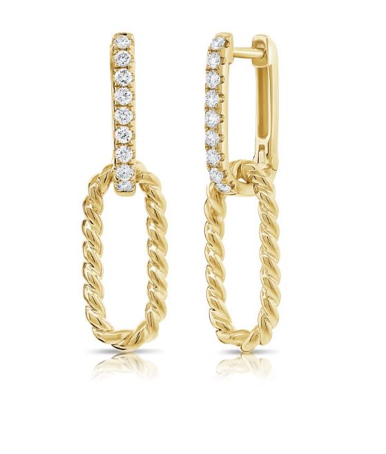 14K White Diamond Cable paperclip Link Dangle Earrings