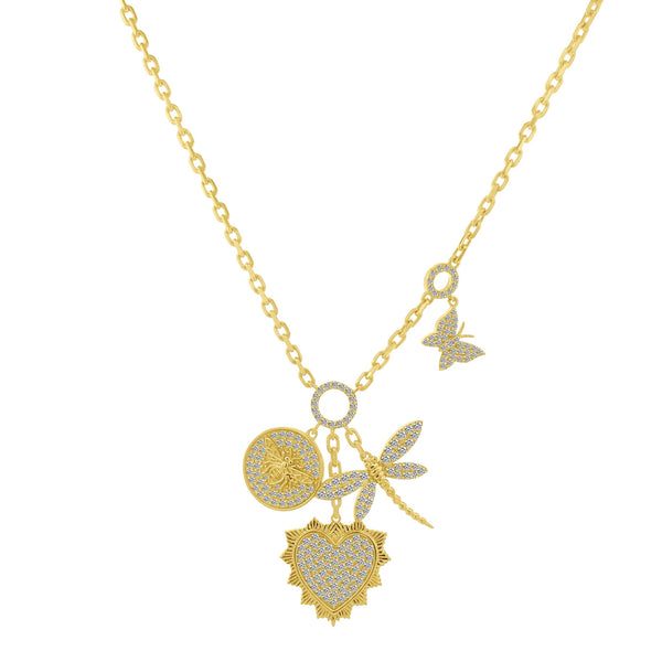 14K YELLOW GOLD & DIAMOND MULTI CHARM( HEART, BEE, DRAGONFLY, BUTTERFLY) NECKLACE