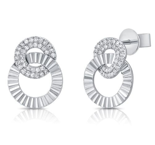 14k White Gold Diamond Fluted Circle Link Earrings