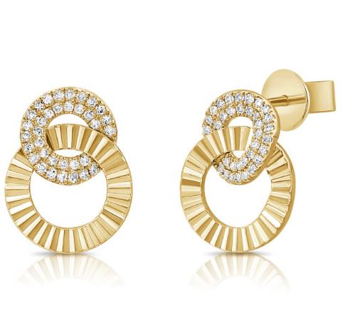 14k Yellow Gold Diamond Fluted Circle Link Earrings