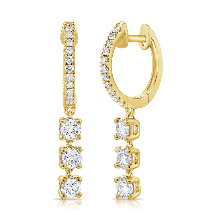 14K Yellow Gold Diamond Triple Dangle Huggie Earrings-Earrings-Maurice's Jewelers-