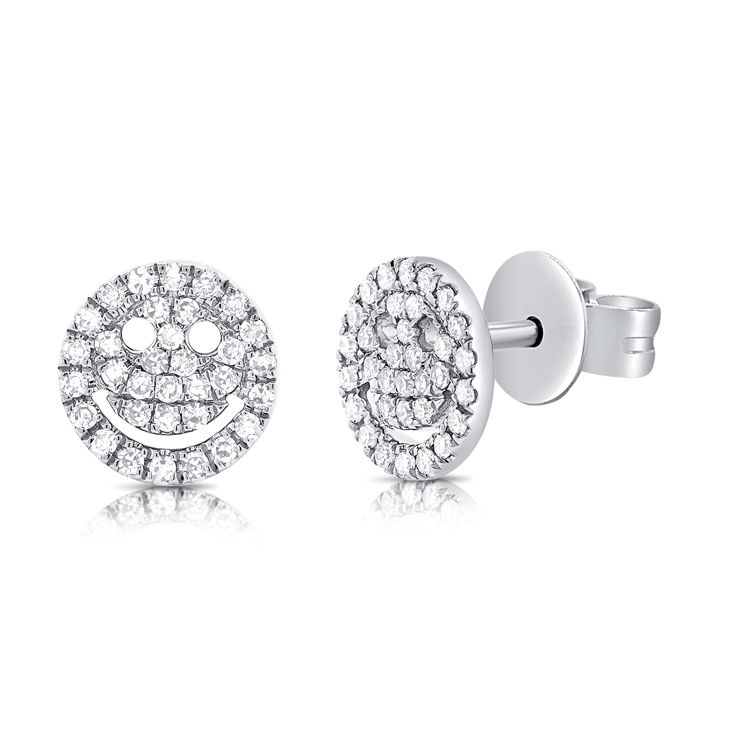 14k White Gold Diamond Happy Face Earrings-Earrings-Maurice's Jewelers-