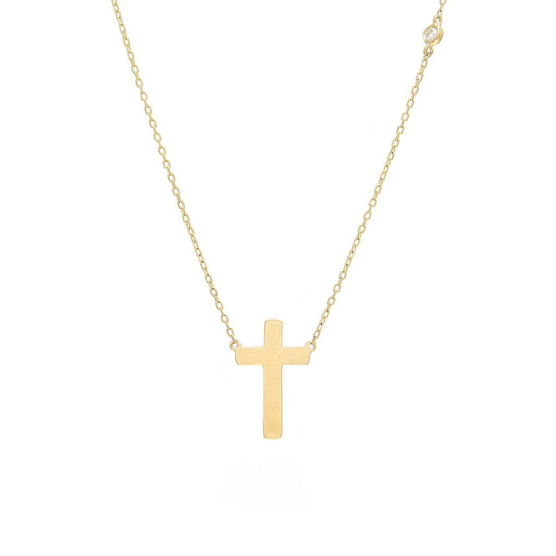 14k Yellow Gold Cross with Single Bezel Diamond Necklace-Necklaces-Maurice's Jewelers-