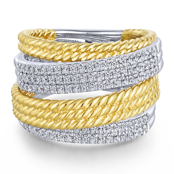 14K Yellow & White Gold Diamond Rope Bypass Ring-Rings-gabriel & co-