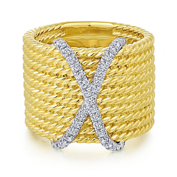 14K Yellow Gold Diamond X Twisted Multi Band Ring-Rings-gabriel & co-