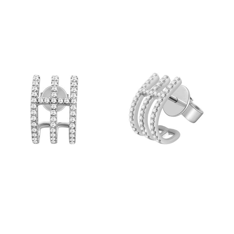 14K White Gold Diamond Triple Row Caged Huggie Earring-EARRINGS-Maurice's Jewelers-