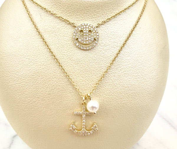 14K Yellow Gold Diamond Happy Face Pendant-Necklaces-superbell-