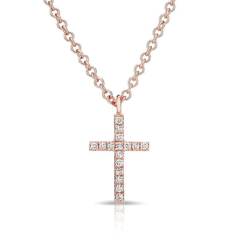 14K Rose Gold Petite Diamond Cross Necklace-Necklaces-Maurice's Jewelers-Rose Gold-